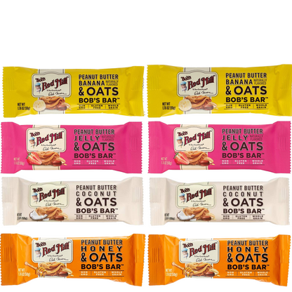 GLUTEN FREE BARS. Whole Grain Bob's Red Mill Peanut Butter Coconut, PB Banana, PB Honey And PB Jelly Oat Non-GMO Naturally Flavored Bars 1.76 Ounces Two Of Each (8 Pack)