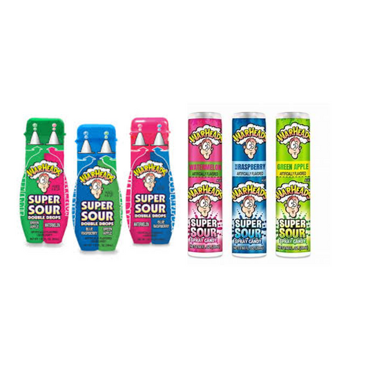 WARHEADS EXTREME SOUR SPRAY AND DROPS BUNDLE Warheads Super Sour Spray Candy 0.68 Oz Each And Double Drops Liquid Sour Candy 1 Oz Each Assorted Fruit Flavors (6 Pack)