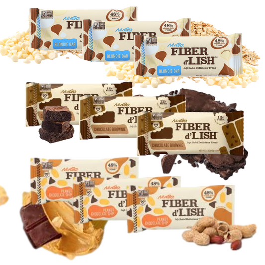 SOFT-BAKED, HEALTHY FIBER AND GRAIN NUGO FIBER D’LISH BARS. NuGo Fiber D'Lish Delicious Treat Three of Each 1.6 Ounce Bars In Peanut Butter, Brownie And Blondie Flavors (9 Pack)